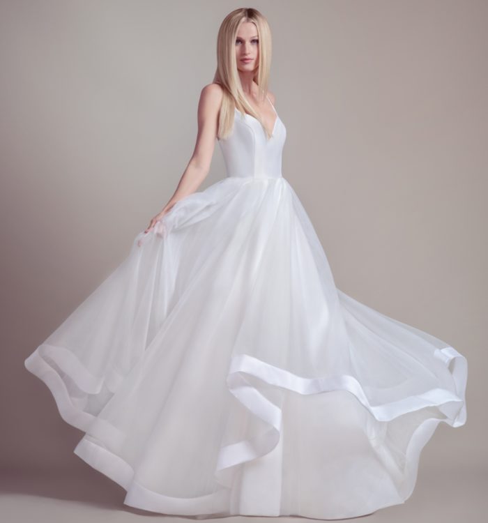 Tiered silk ball gown wedding dress