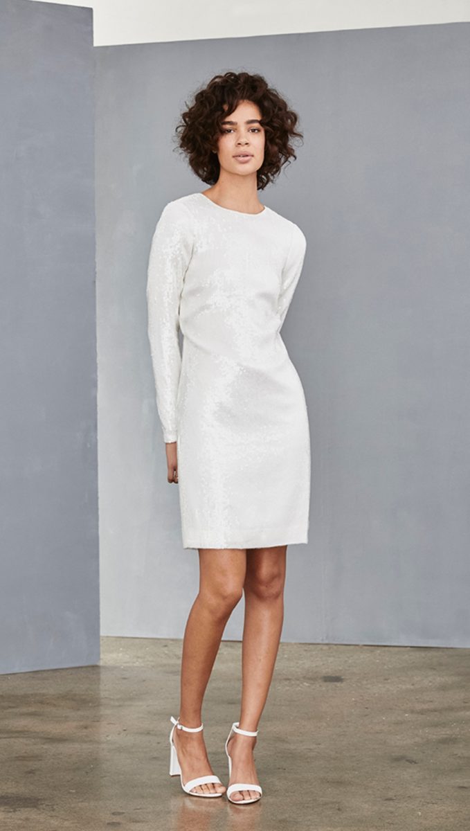 White sequin shift dress with long sleeves | Little White Dresses for Brides Amsale