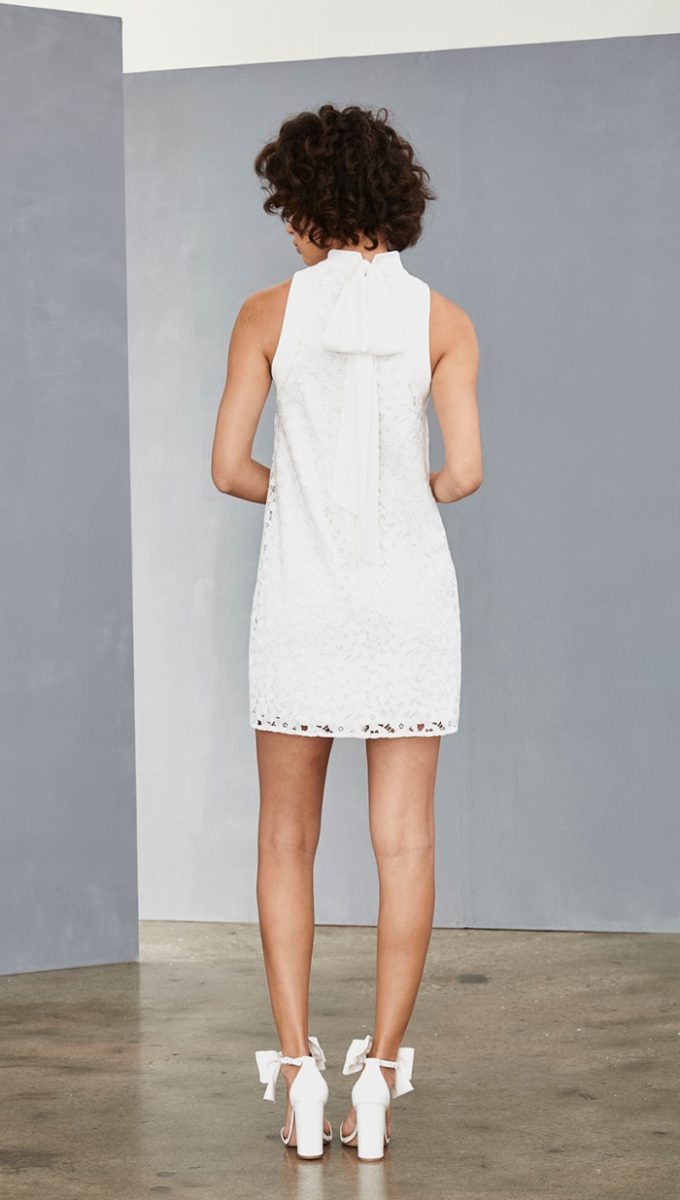 High neck white lace mini dress with tie | Amsale