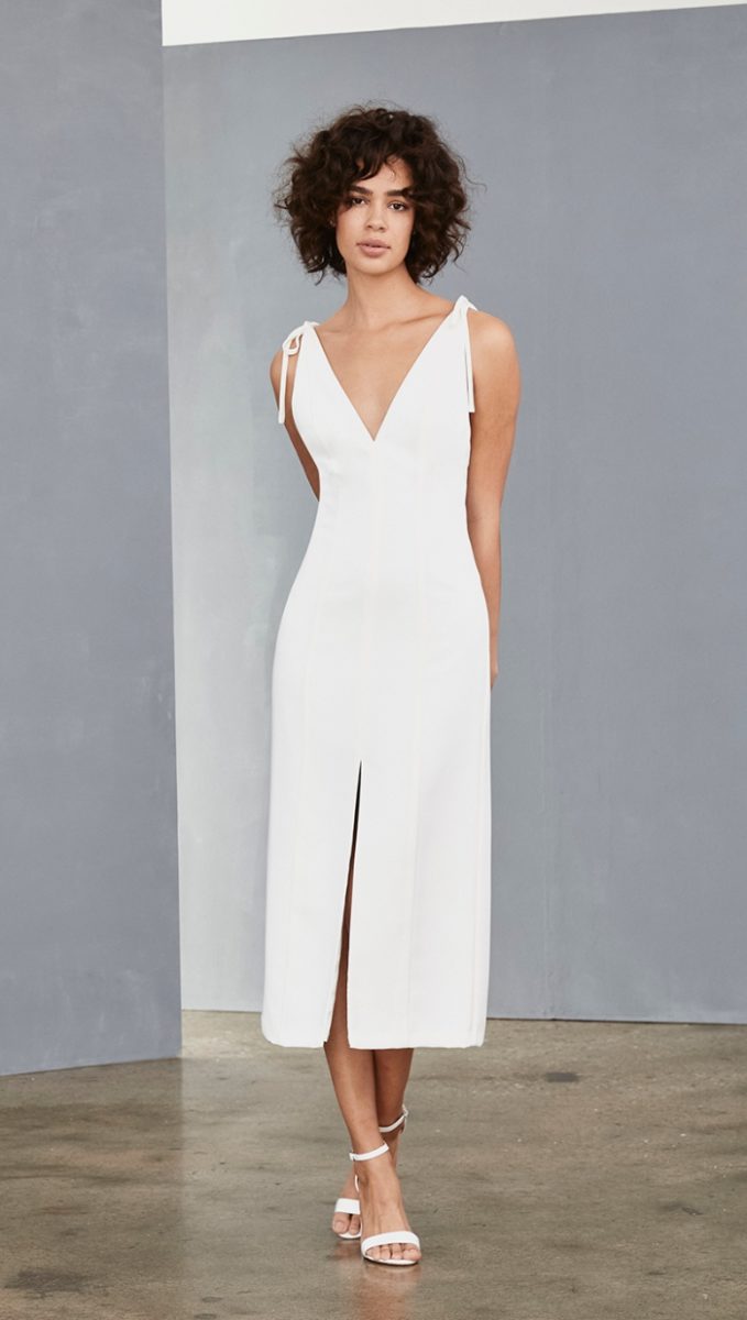 Amsale slim v neck white dress with ties at shoulder