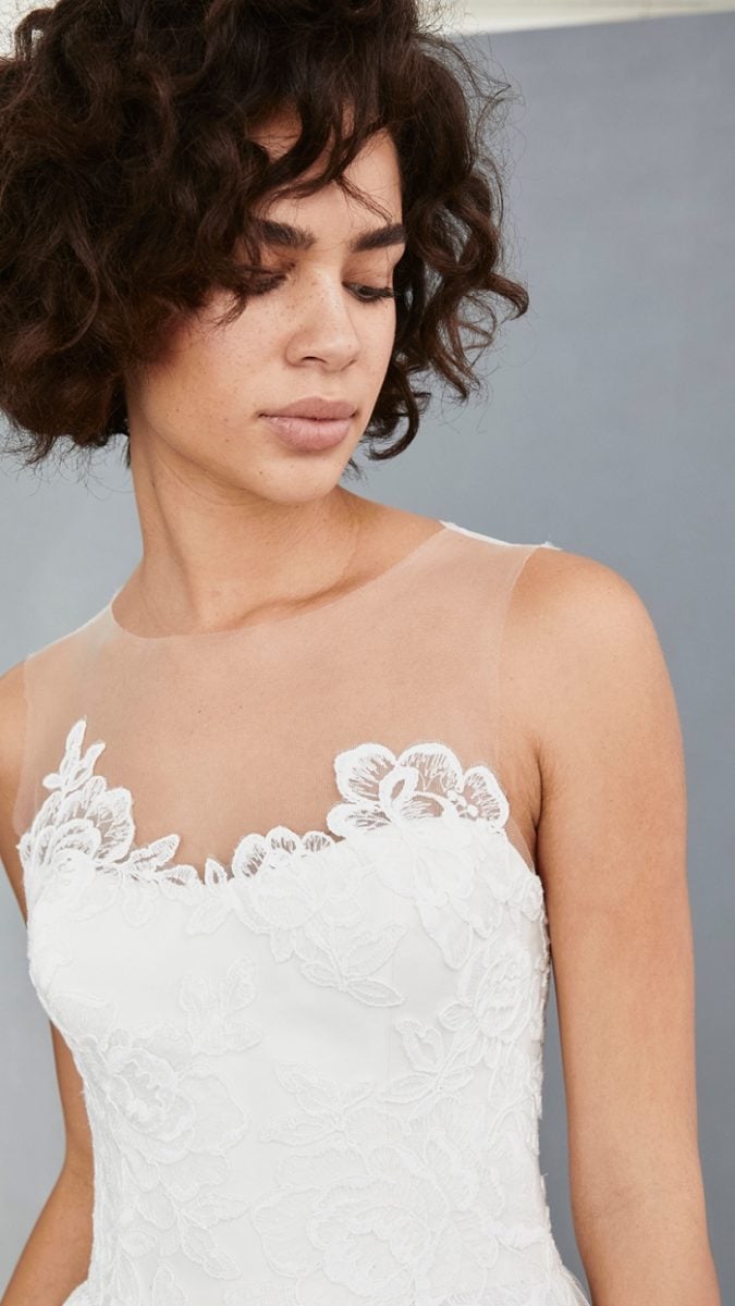 Illusion neckline detail short wedding dress | Amsale Little White Dresses