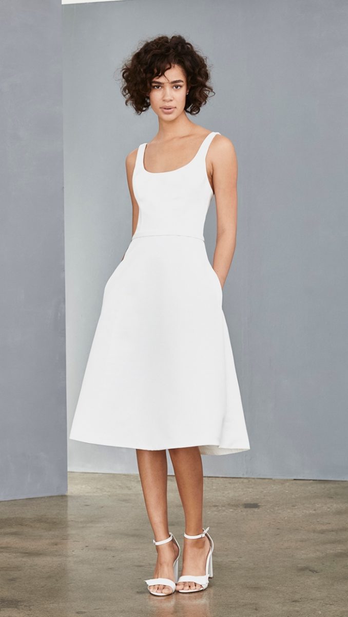 Scoop neck white dress with a line skirt