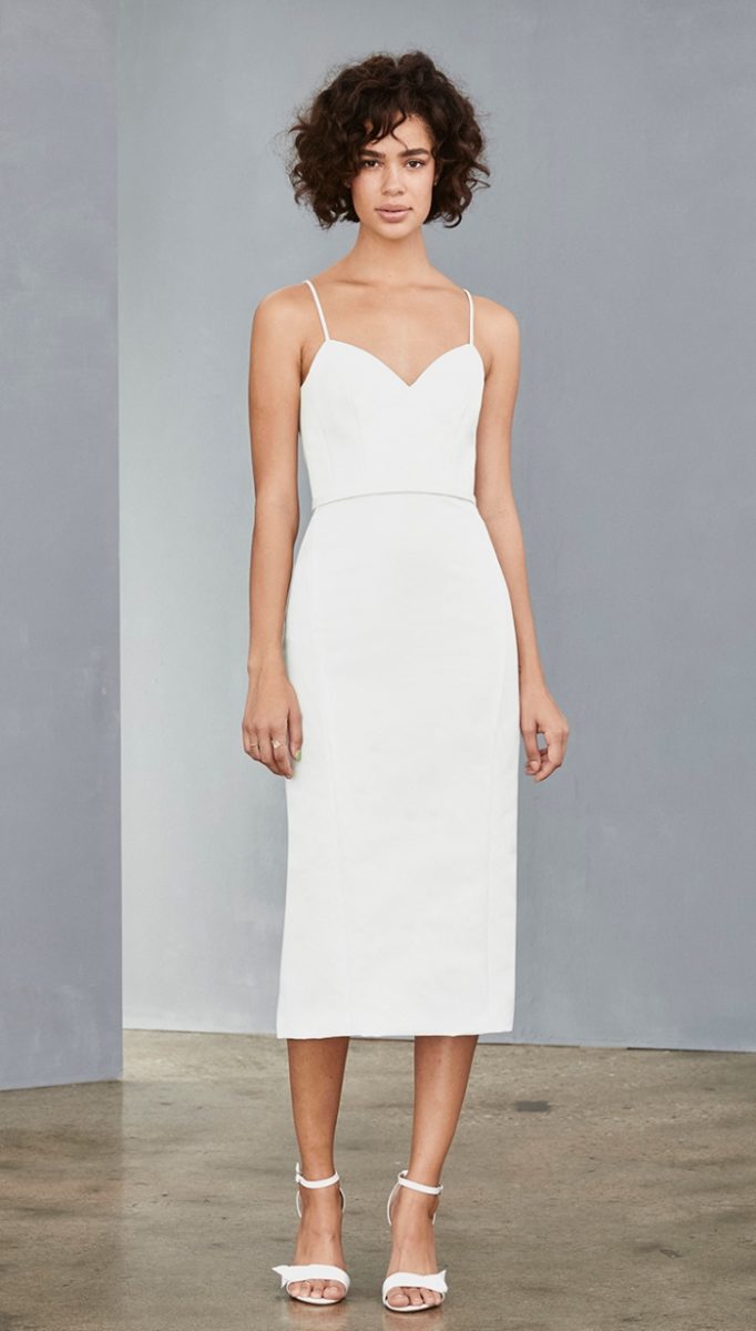 Amsale white sheath dress with thin straps for a bride to be