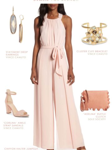 Blush pink dressy chiffon jumpsuit for spring weddings and events