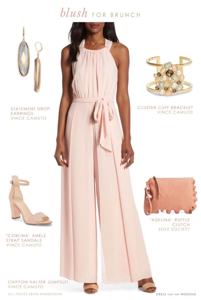 Blush pink dressy chiffon jumpsuit for spring weddings and events