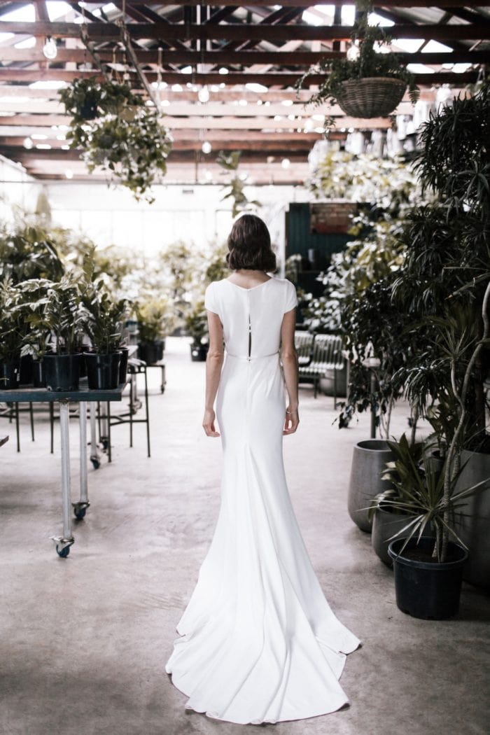 Simple modern wedding dress with short sleeve and train | Clarissa