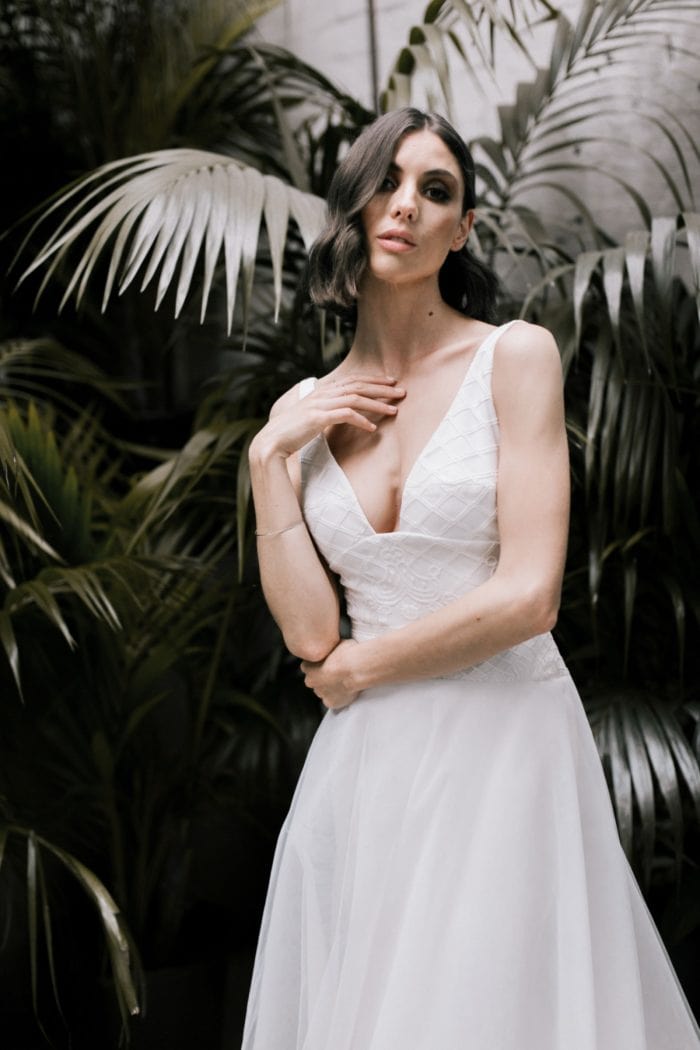 Deep neckline A line wedding dress