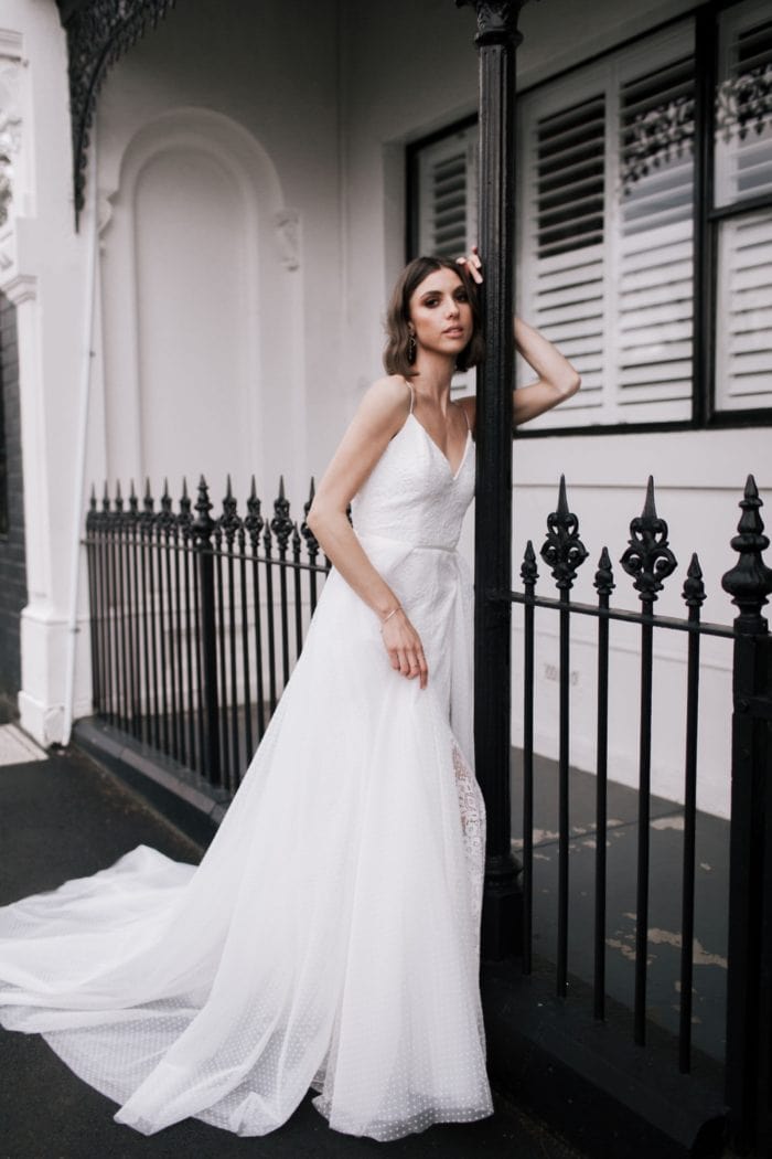 Justine gown with Alice train and overskirt