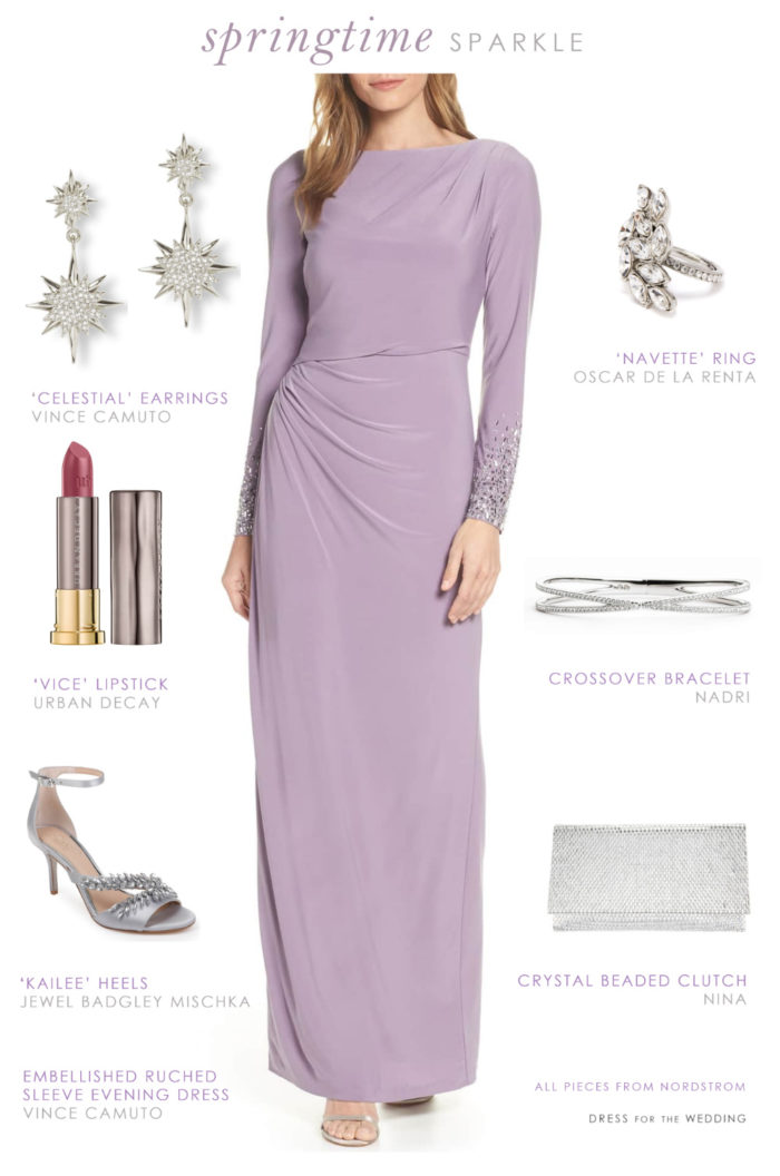 Long sleeve spring Mother of the Bride outfit with lavender purple dress