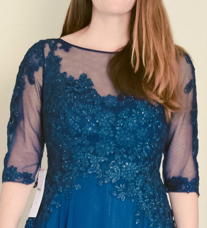 navy blue 3/4 sleeve MOB dress with floral applique neckline