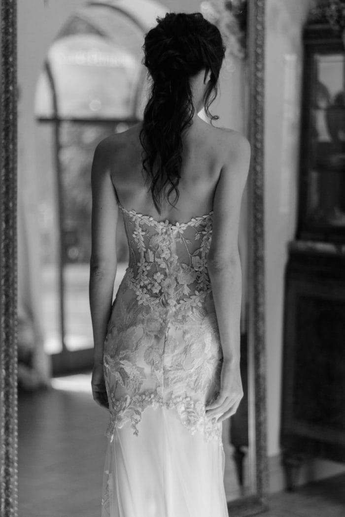 Sheer lace back wedding dress by Claire Pettibone Odessa gown