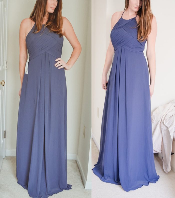 Try on affordable bridesmaid dress from Azazie Ginger in Stormy