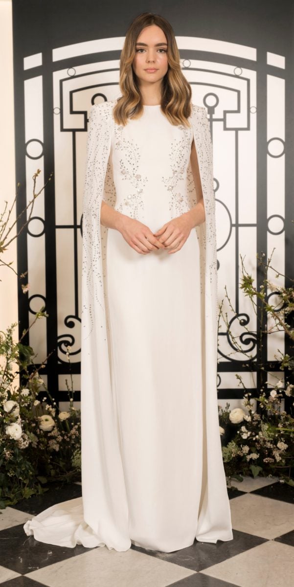 Farrah by Jenny Packham | Embellished ivory sheath wedding gown with cape