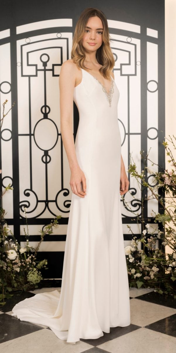 Slim ivory v neck modern wedding dress | Larreta bridal gown by Jenny Packham