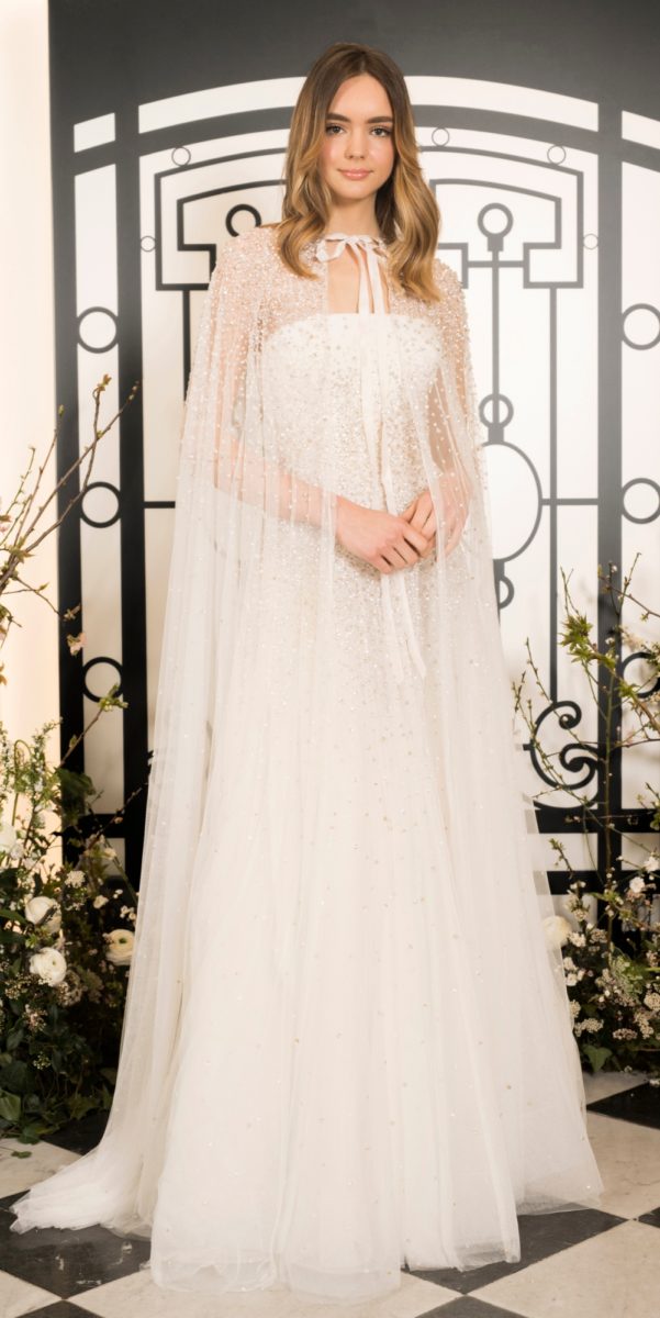 Jenny Packham wedding dress with long sheer cape over strapless beaded bridal gown