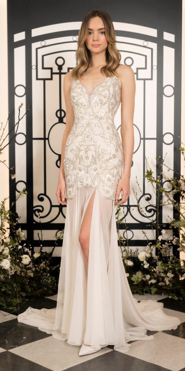 Embellished v neck bridal gown with slit | Vida bridal gown Jenny Packham