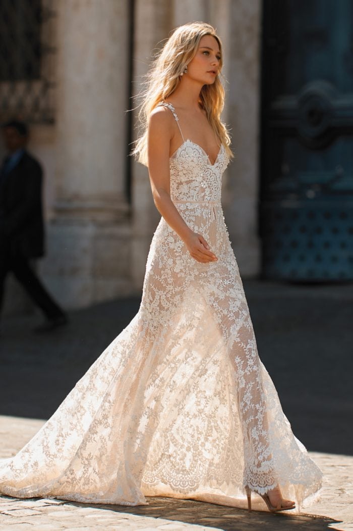 Lace bridal gown from Berta Privee with spaghetti straps