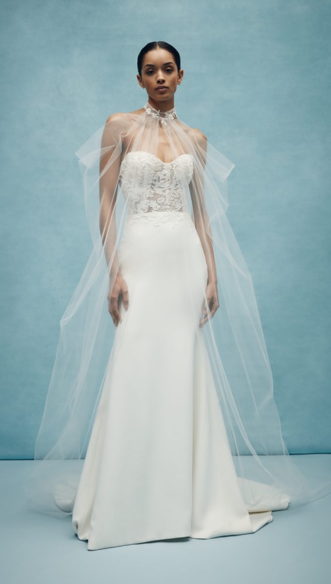 Strapless Anne Barge wedding dress Spring 2020 with sheer cape