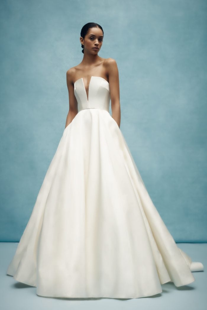 Classic strapless ball gown wedding dress with v neck