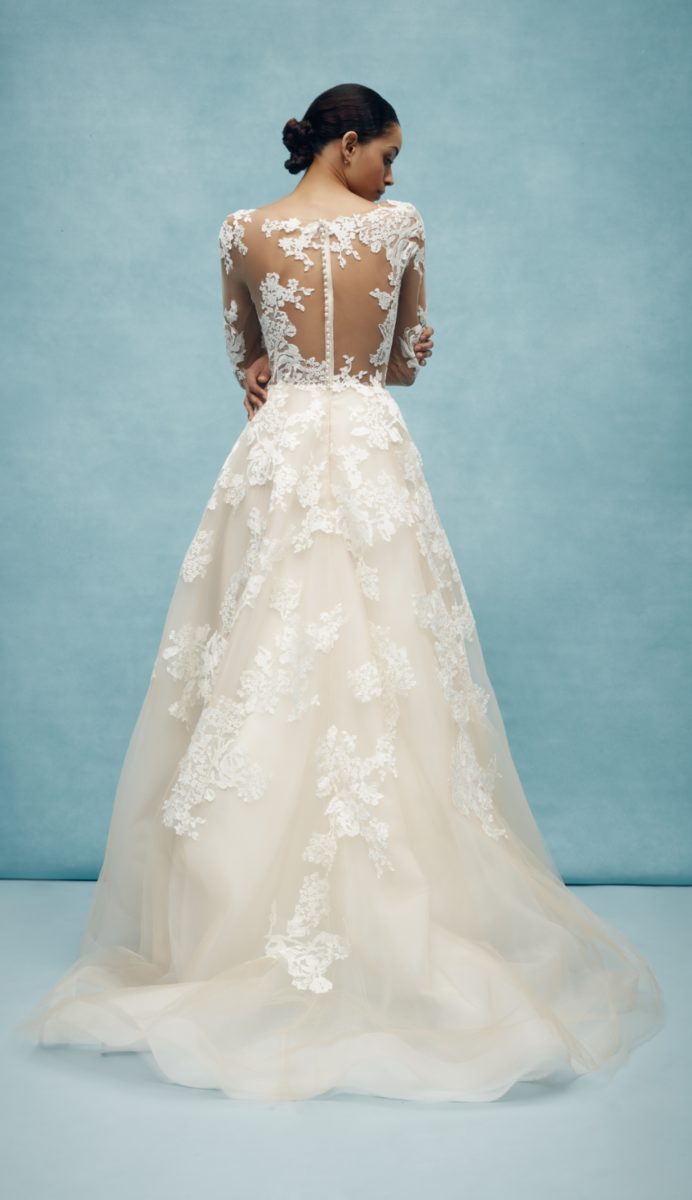 Sheer lace back bridal gown with long sleeves from Anne Barge