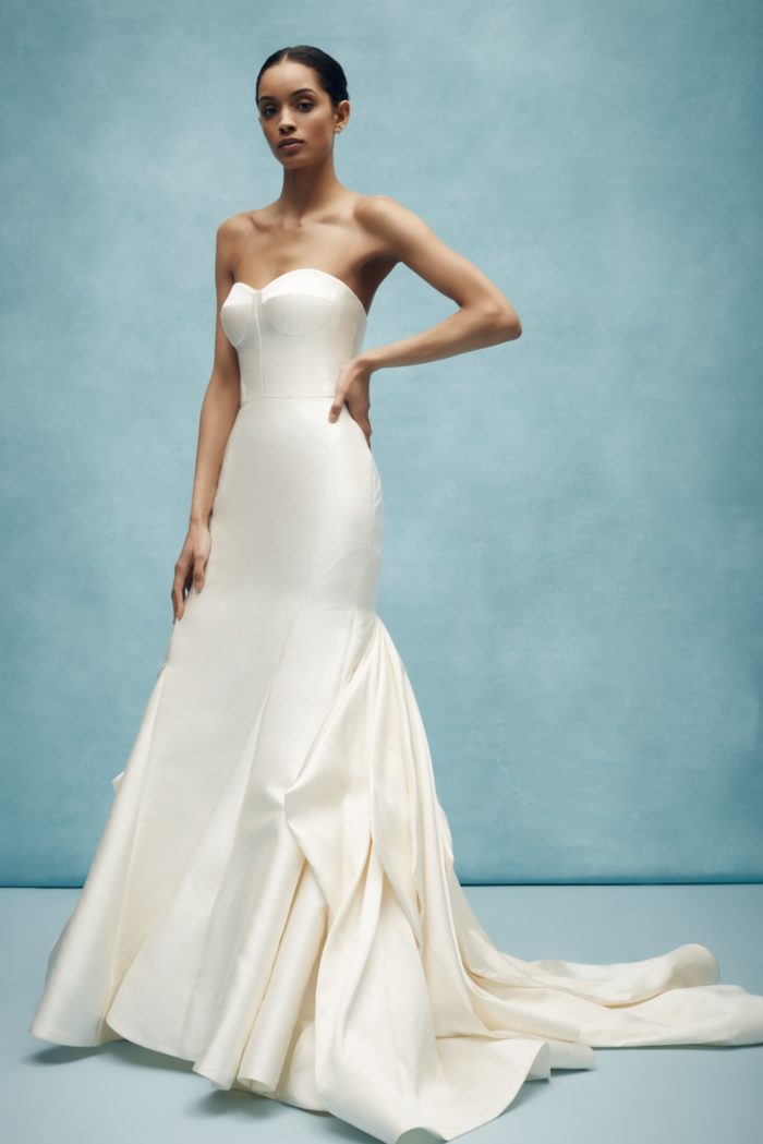 Tailored and modern drop waist strapless silk wedding dress