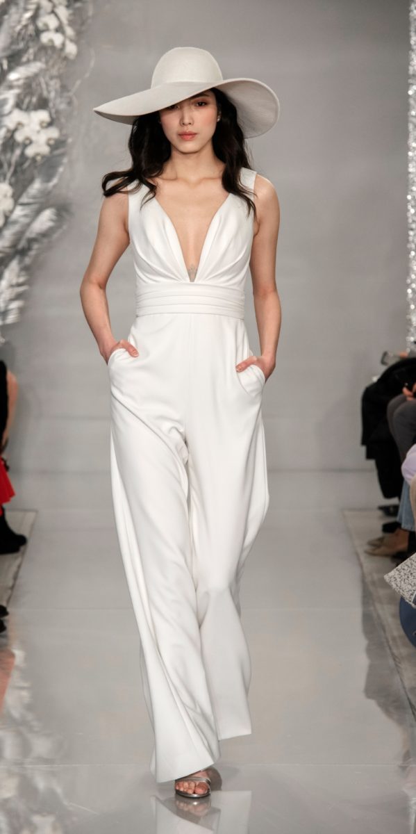 White wedding jumpsuit with v neck and pockets