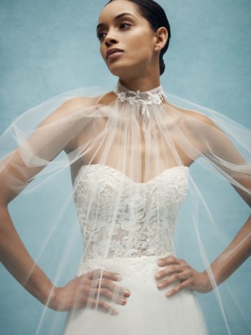 Detail of sheer tulle wedding cape Anne Barge