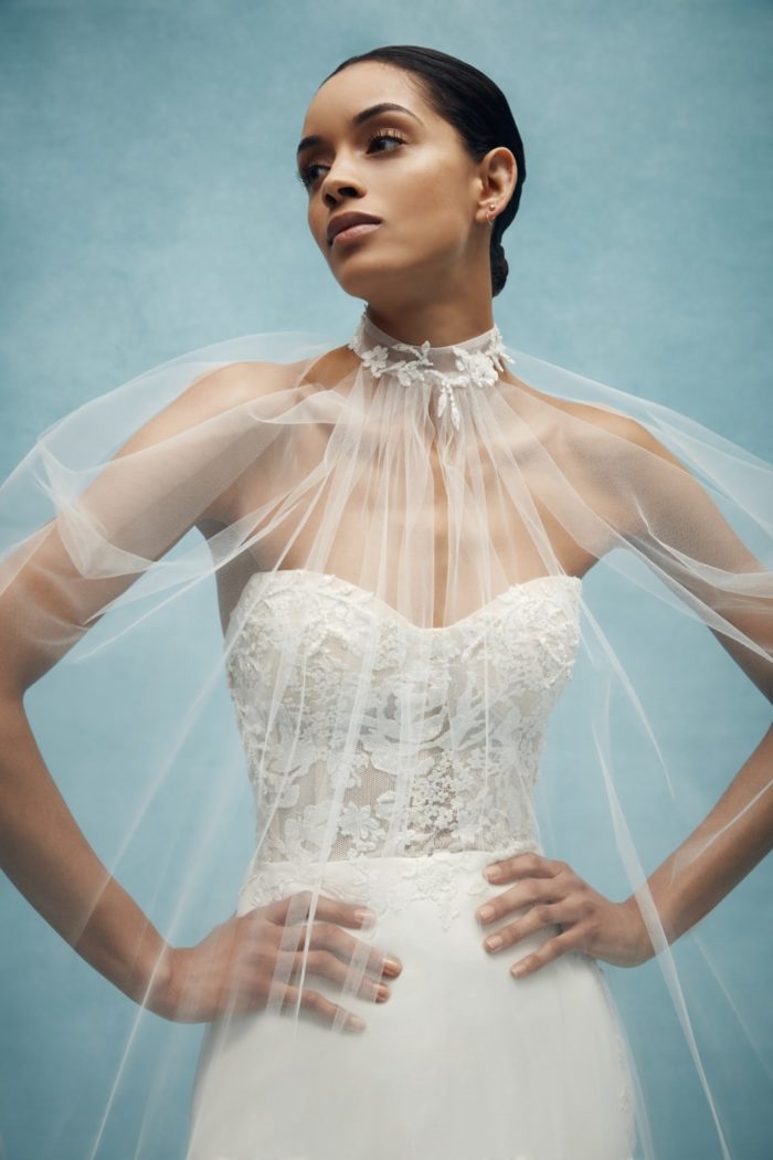 Detail of sheer tulle wedding cape Anne Barge