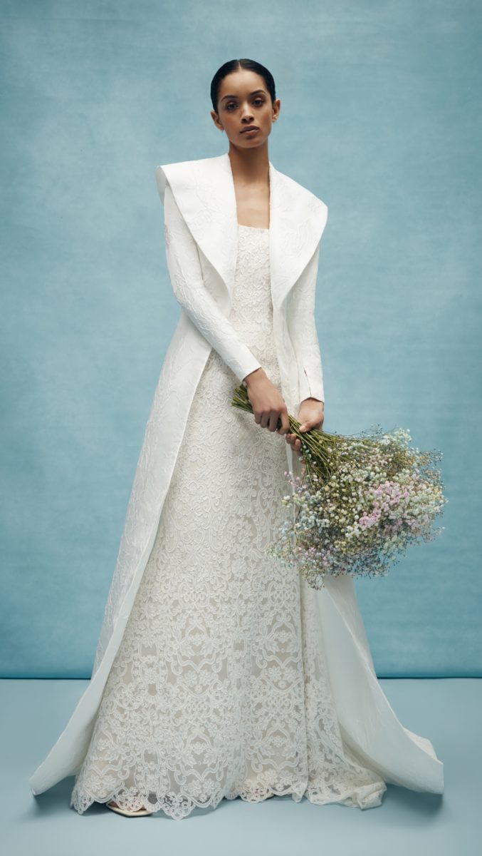 Anne Barge long bridal coat with shawl collar