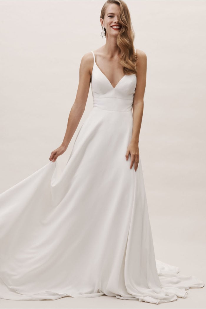 spaghetti strap clean ball gown modern wedding dress 