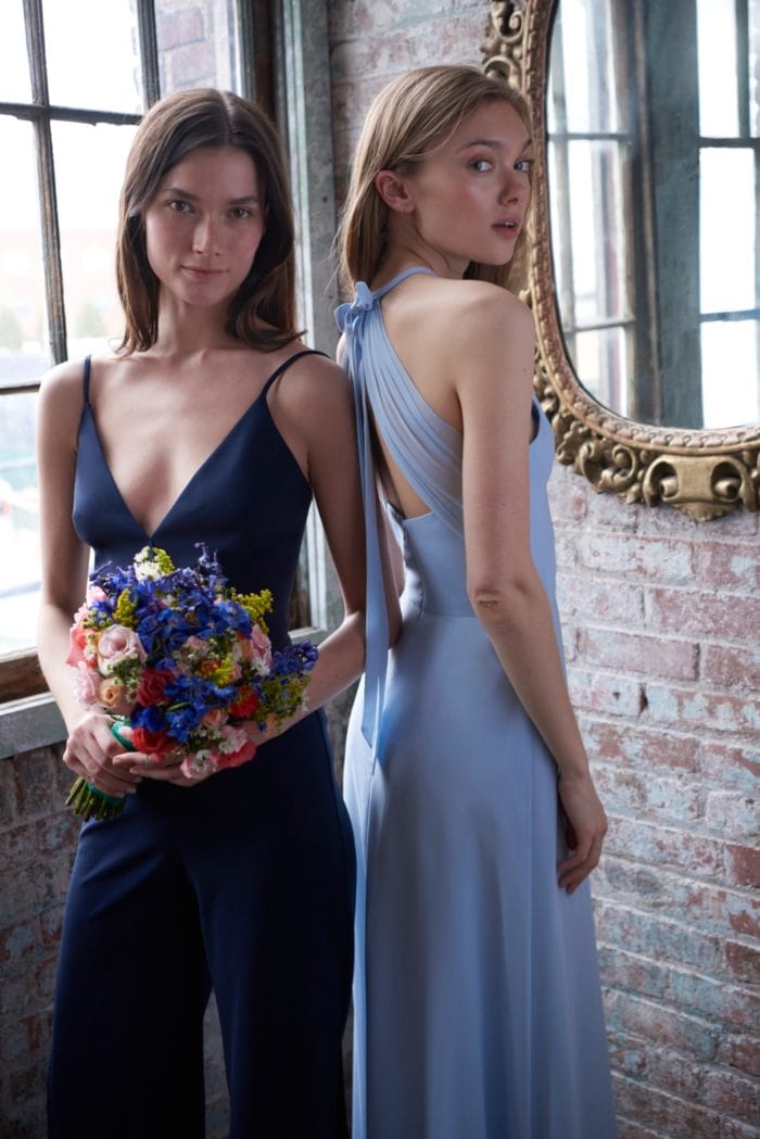 Light blue and navy blue dresse and jumpsuit by Monique Lhuilllier Bridesmaids for Spring 2020