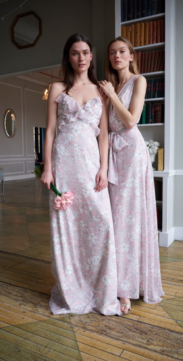 Ruffled floral spring 2020 bridesmaid dresses by Monique Lhuillier Genevieve and Charlotte