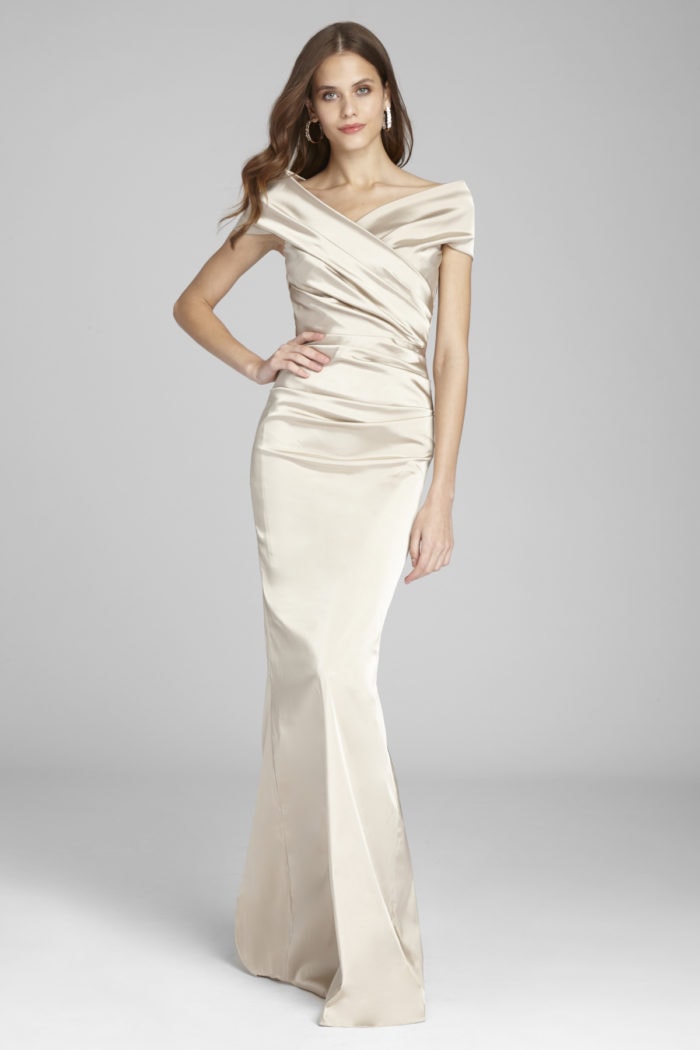 off the shoulder champagne gown with portrait collar for mother of the bride or groom by Teri Jon