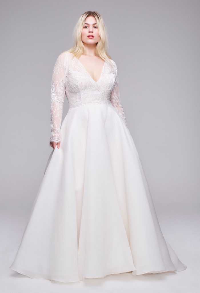 Long sleeve A line wedding dress with lace bodice Chrissy Anne Barge