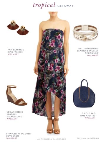 Affordable honeymoon outfit with tropical print strapless dress from Walmart