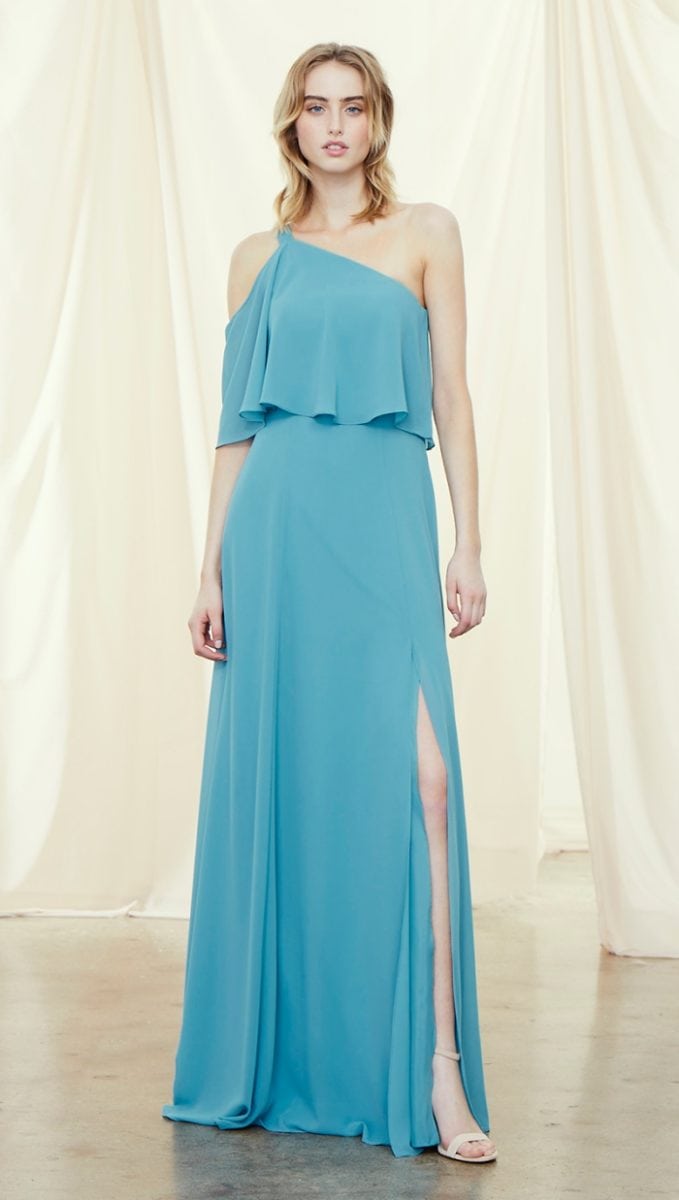 Overlay one shoulder bridesmaid dress