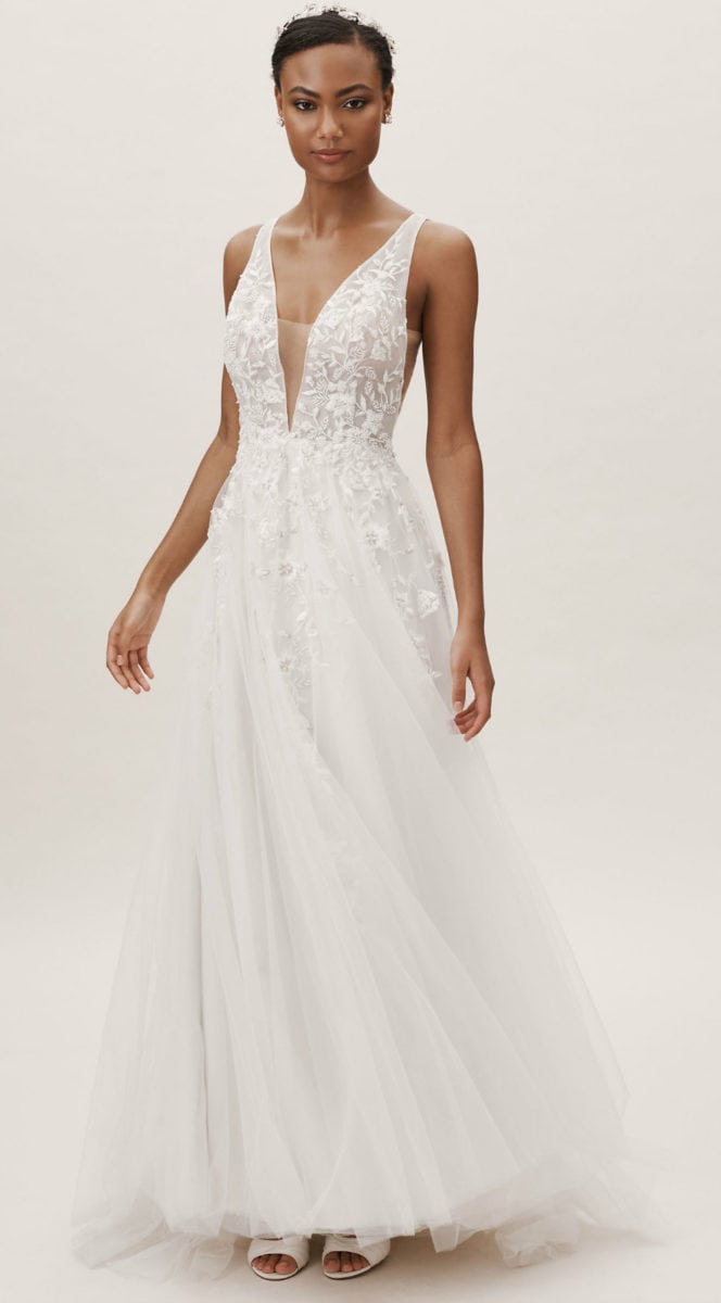 Illusion plunge neck wedding dress with applique Wtoo by Watters Seeley Gown