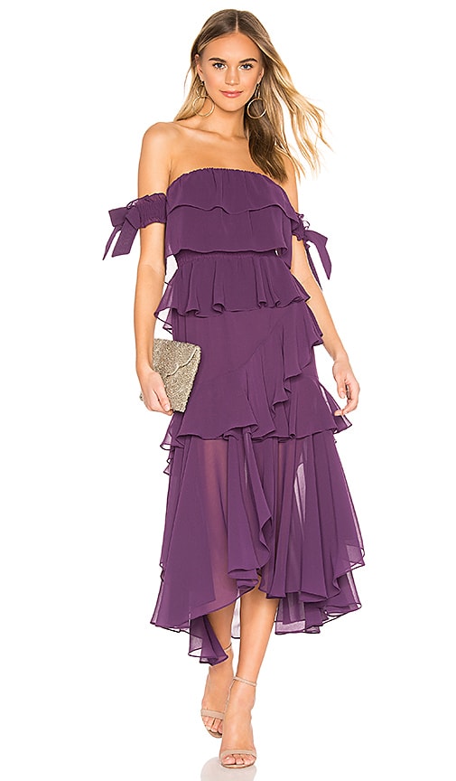 tiered off the shoulder purple midi dress for wedding guest