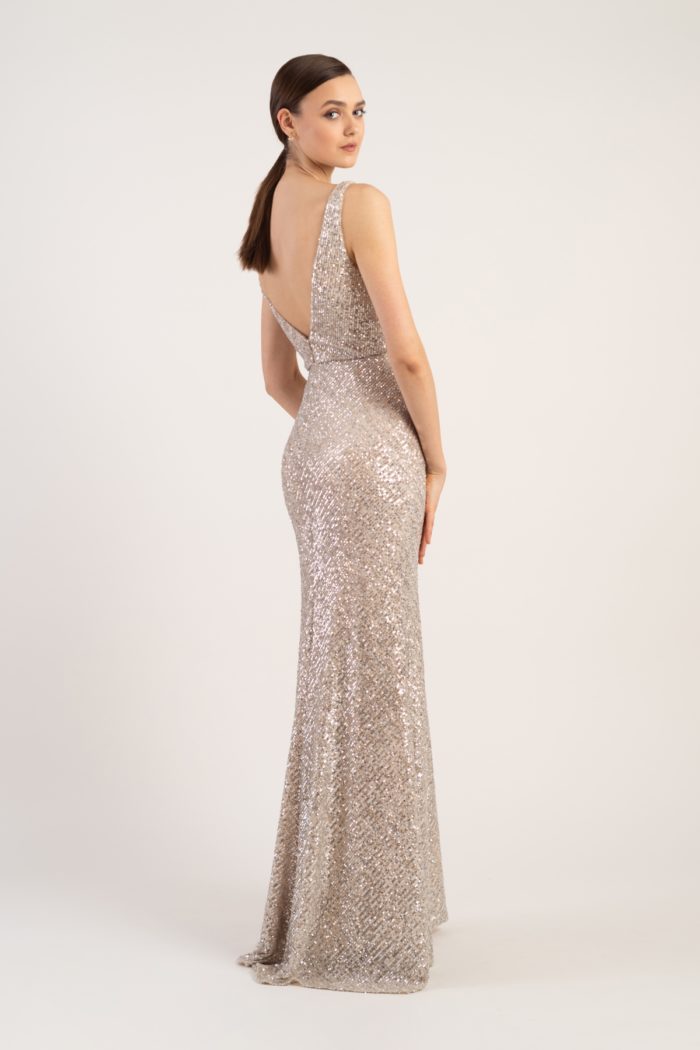 Silver nude champagne sequin gown