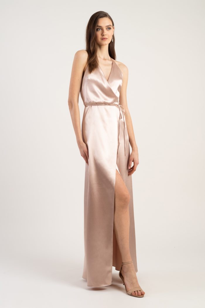 Blush satin wrap gown