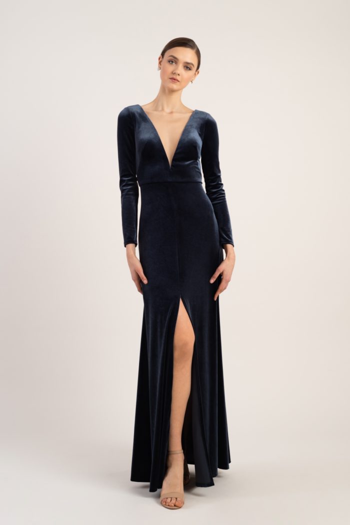 Long sleeve velvet gown with plunge neckline