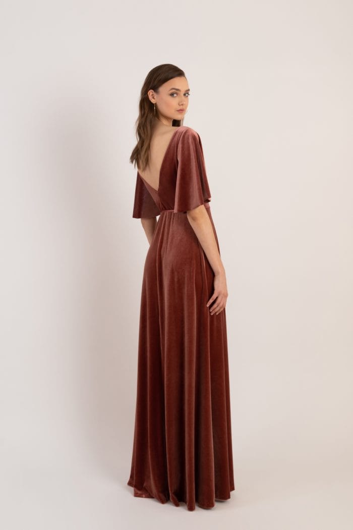 Velvet flutter sleeve wrap bridesmaid dress