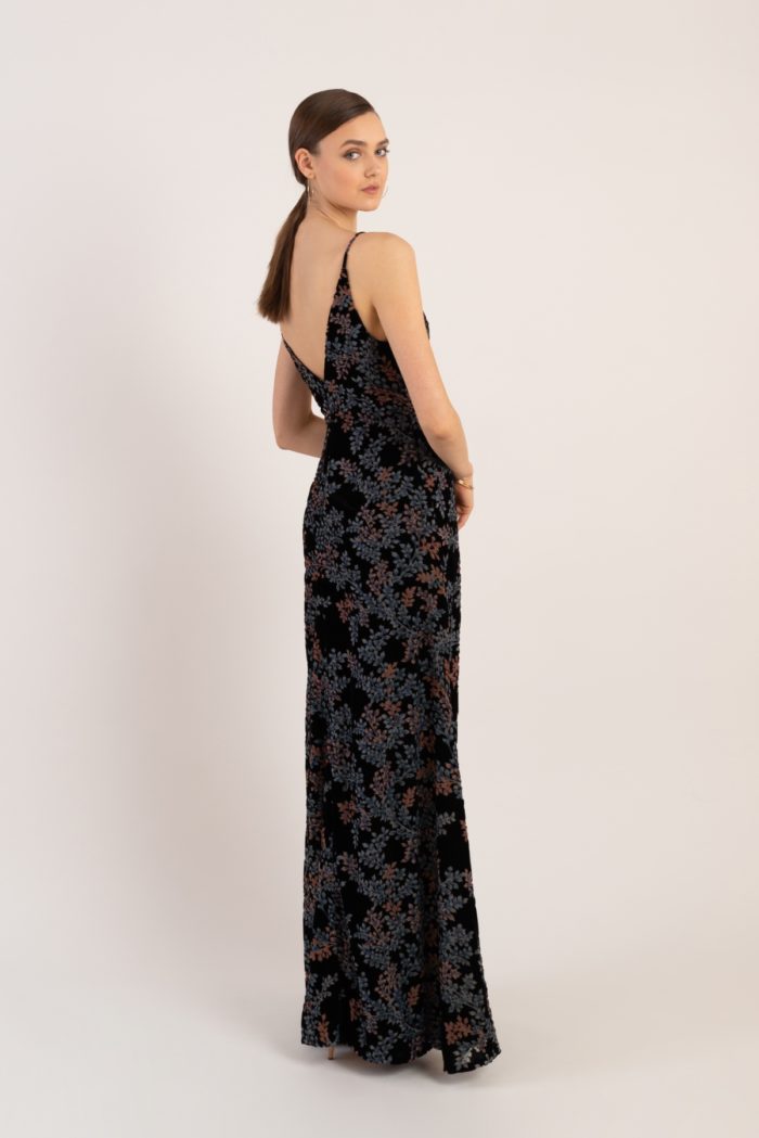 Black floral velvet wrap dress for bridesmaid