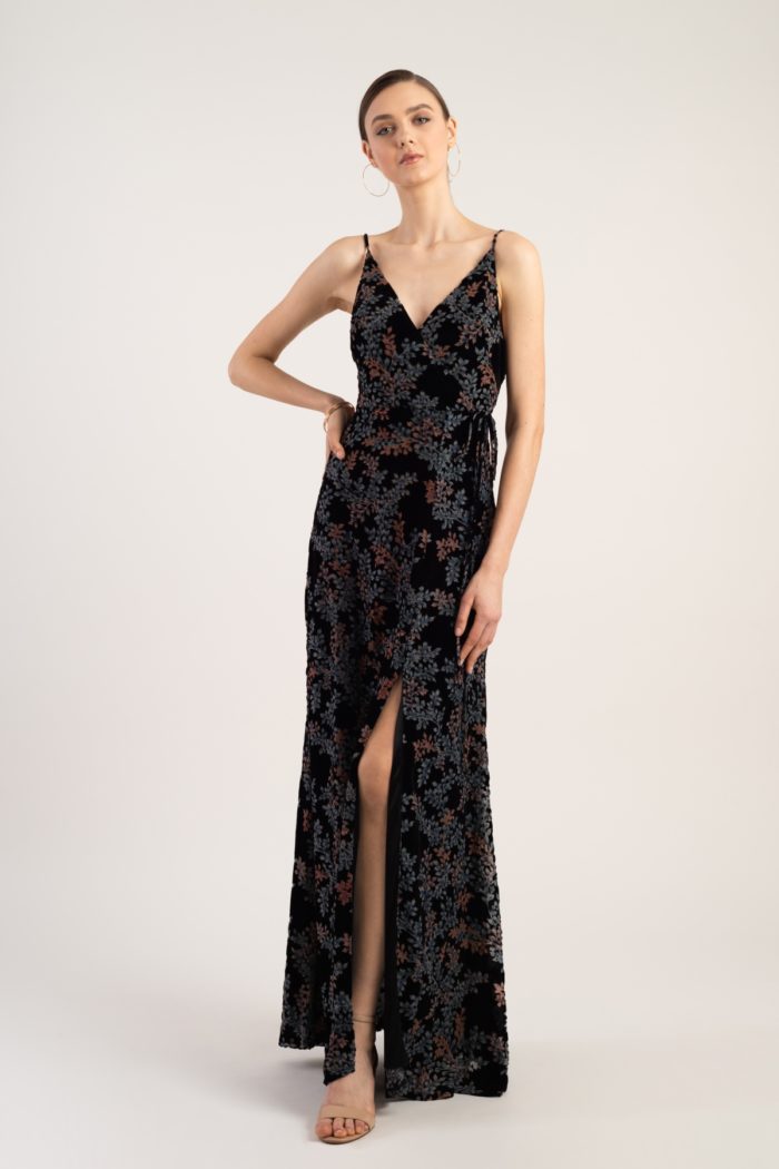 Velvet burnout wrap dress for bridesmaids