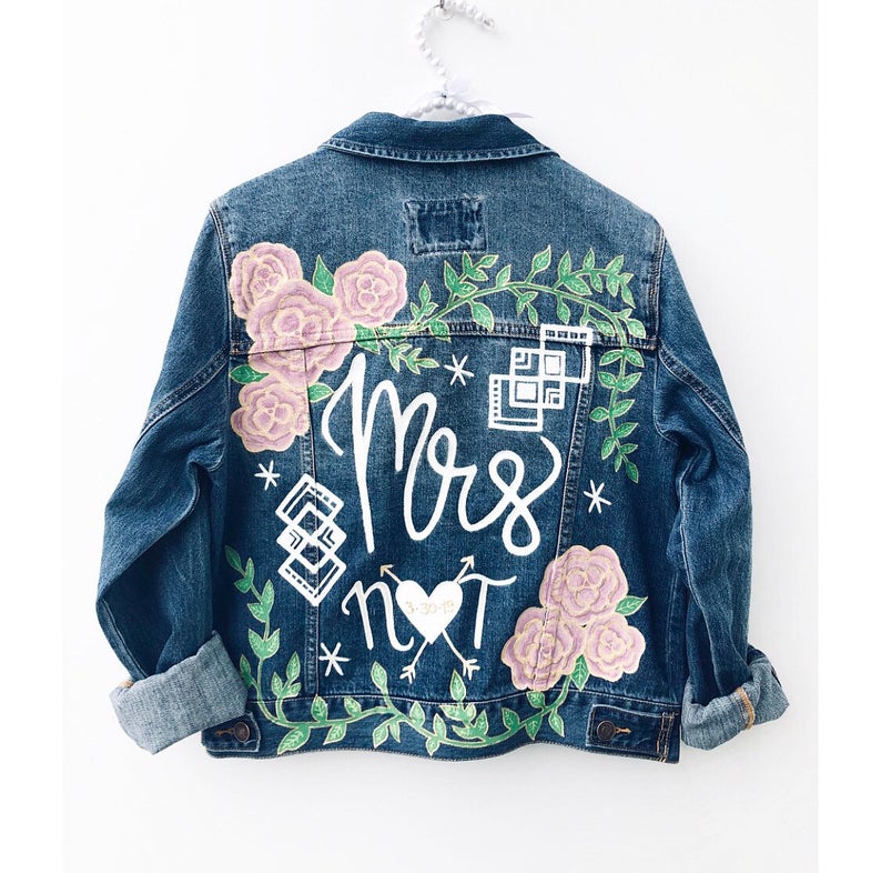 colorful floral handpainted jean jacket for a wedding