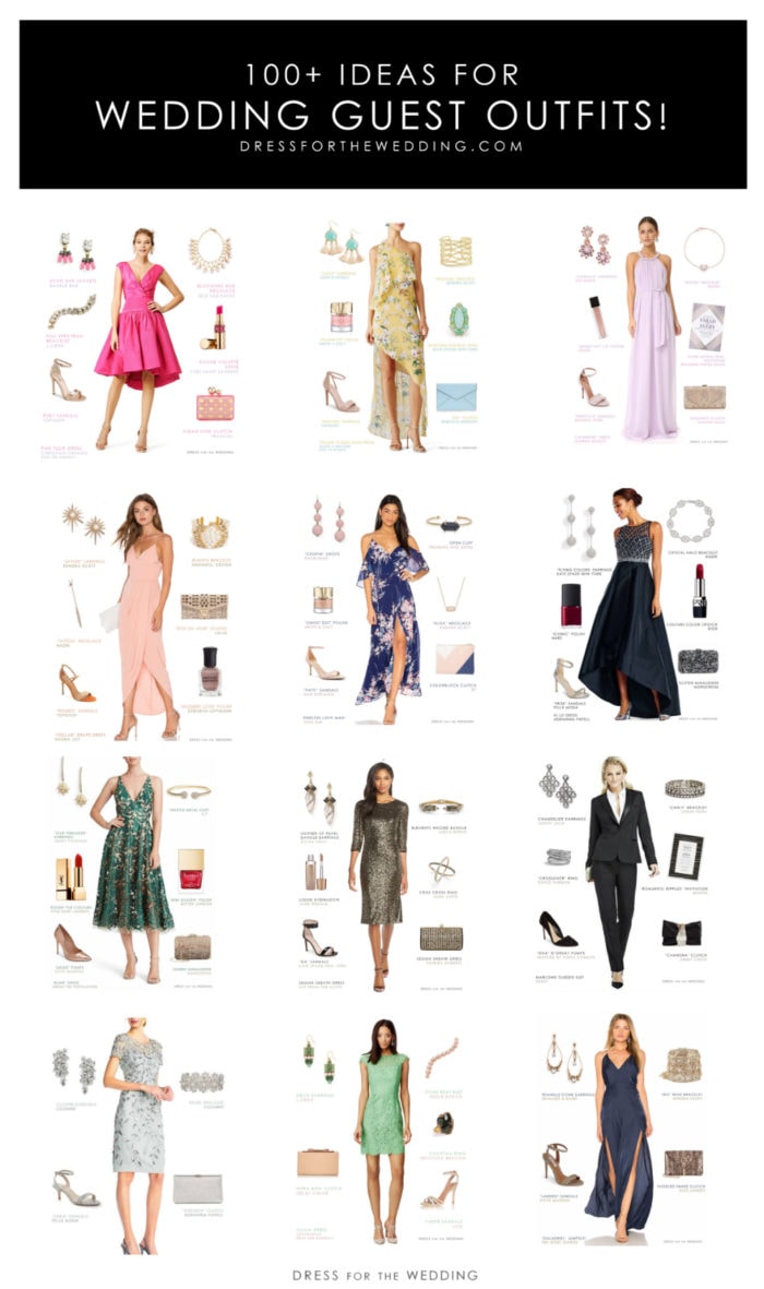 A collage of elegant wedding guest outfit ideas