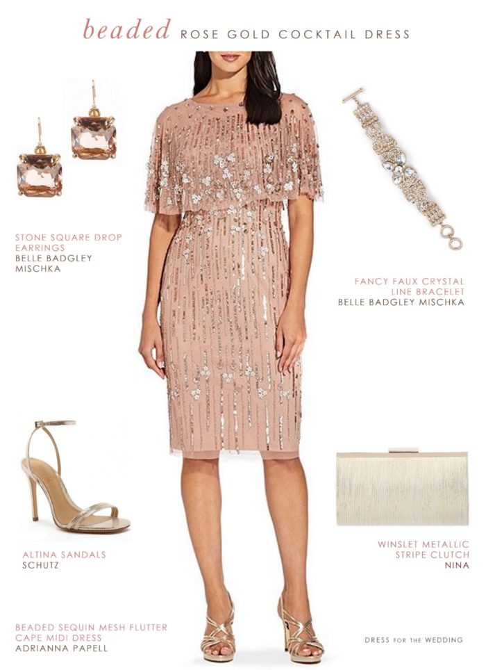 short rose gold beaded dress with accessories
