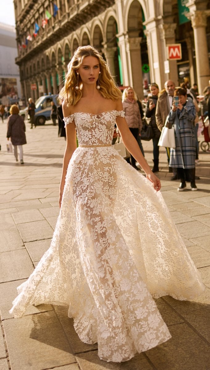 Full skirt sheer lace bridal gown by BERTA