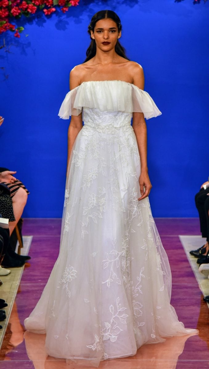 Flounce off the shoulder wedding dress