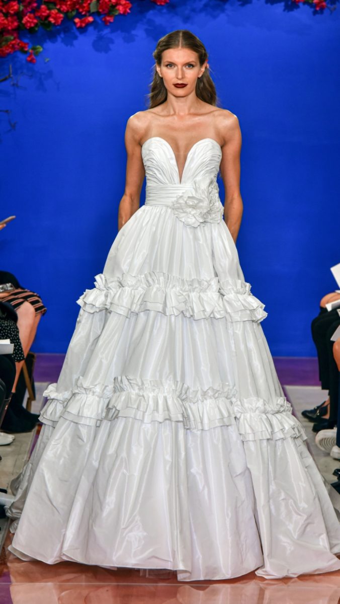 Strapless taffeta ball gown wedding dress with tiered skirt